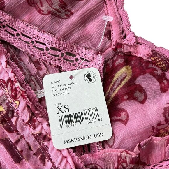 Free People XS Ruched Front Pink Micro Floral Bodysuit Coquette Fairy Girl New - Picture 6 of 9